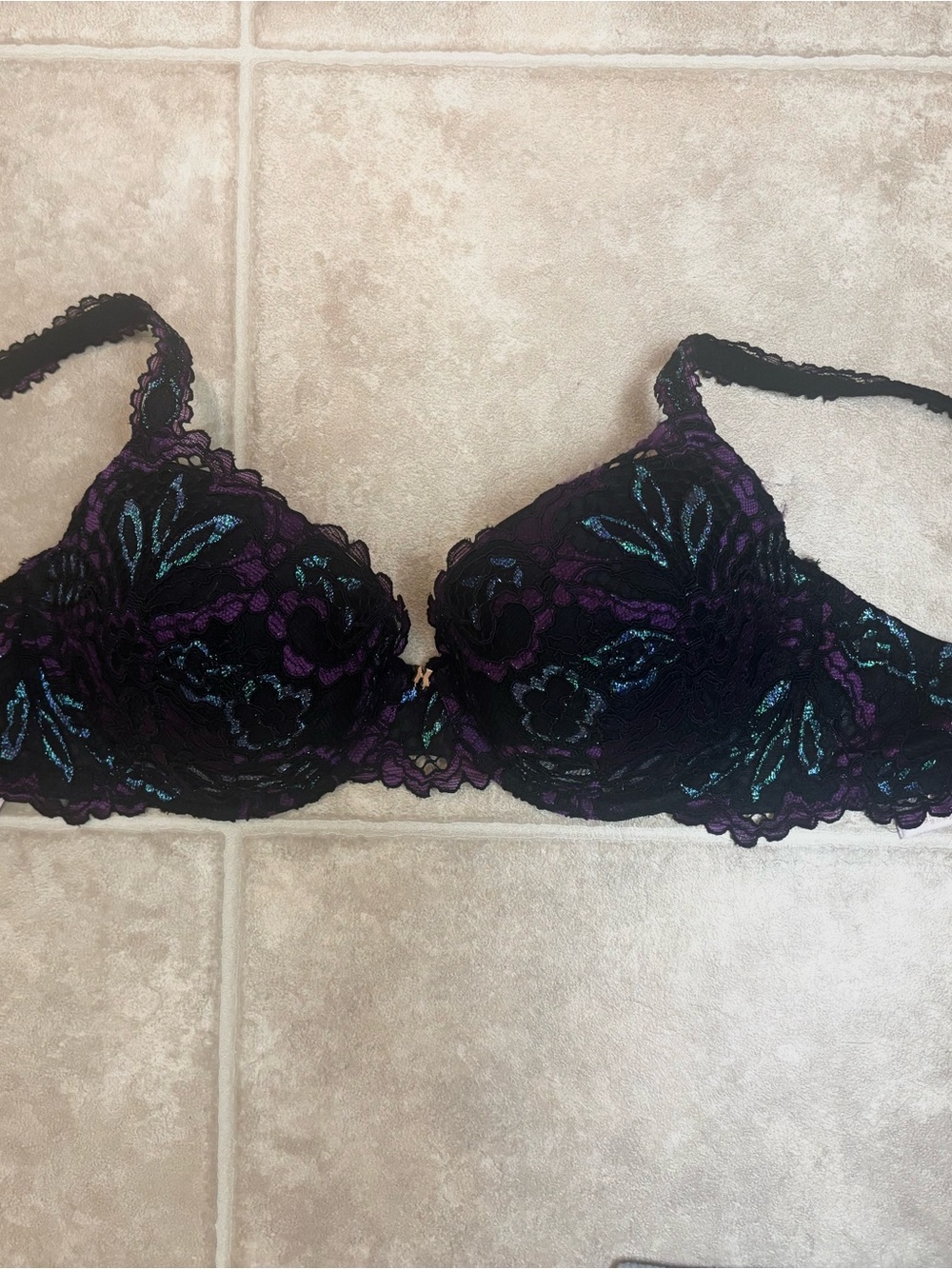 Savage X Fenty Black Lace Underwire Bra with Purple & Teal Embroidery